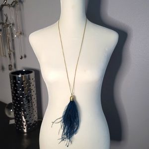 JCrew Peacock Blue Gold Tone Feather Necklace